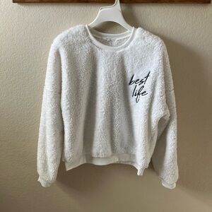 Zoe + Liv Women’s White Sherpa “Best Life” Pullover Sweatshirt Size L